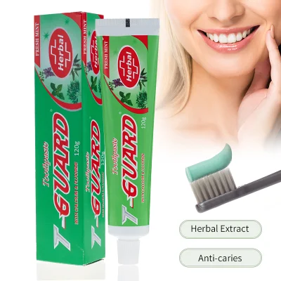 Muestra gratuita de marcas personalizadas, 120g barato para adultos contra las caries, pasta de dientes con fluoruro de hierbas y menta para el aliento fresco